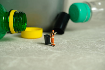 Miniature people toy figure photography. Cleaning workers walk among plastic drink bottles scattered on the floor near the trash can. Image photoの写真素材