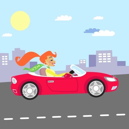 Fashion girl in the red car driving vector illustrationのイラスト素材
