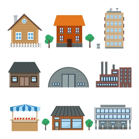 Detailed houses and building icons set isolated on white vector illustrationのイラスト素材