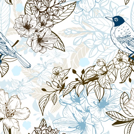 Seamless romantic background with bird illustrationのイラスト素材