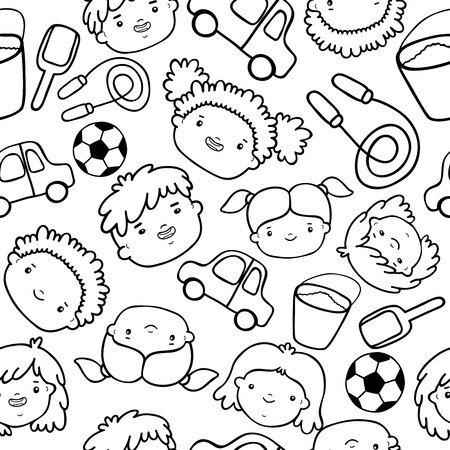 Doodle kids faces pattern black and white vector illustrationのイラスト素材