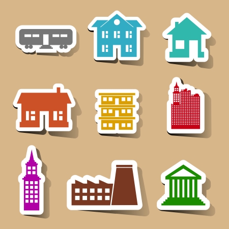 Building icons set on color stickers illustrationのイラスト素材