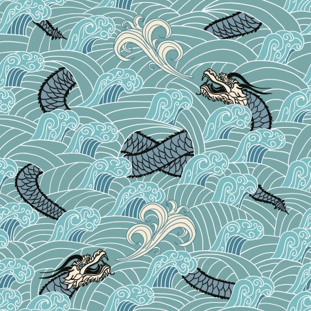 Asian seamless with dragon and waves vector illustrationのイラスト素材