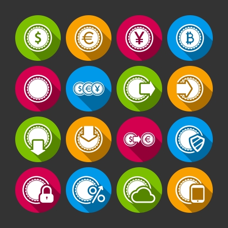 Collection of coins for finance or money app with long shadows isolated vector illustrationのイラスト素材