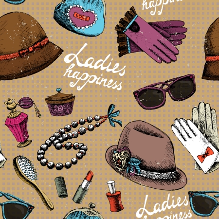 Ladies happiness background. Women pattern with gloves glasses hat perfume and other accessory vector illustrationのイラスト素材