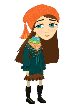 Sad girl standing alone and not smiling template isolated vector illustrationのイラスト素材
