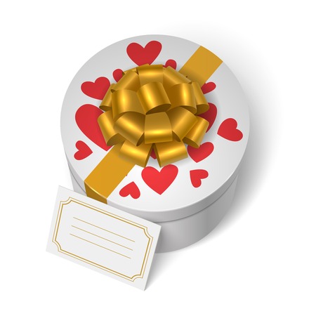 Valentines present box with red hearts, yellow ribbon with bow and blank love message card vector illustrationのイラスト素材
