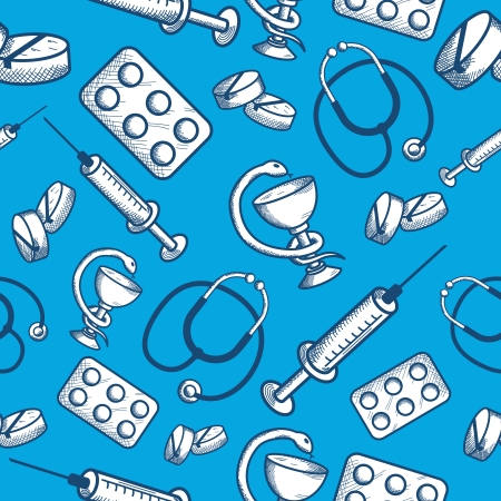 Seamless pattern of medical items of phonendoscope pills and syringe isolated vector illustrationのイラスト素材