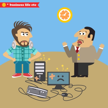 Boss broke his computer and displeased IT geek  illustrationのイラスト素材