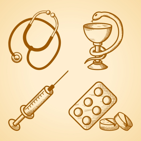 Icons set of medical items of phonendoscope pills and syringe isolated illustrationのイラスト素材
