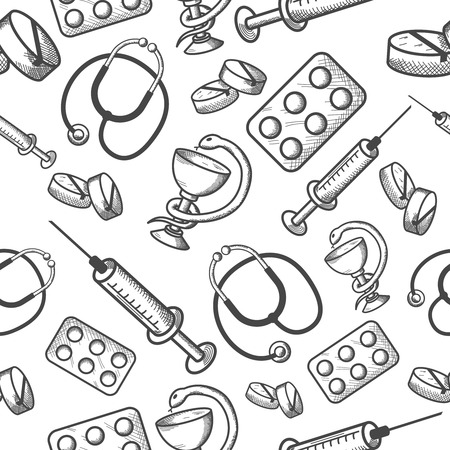 Seamless background of medical items of phonendoscope pills and syringe isolated vector illustrationのイラスト素材