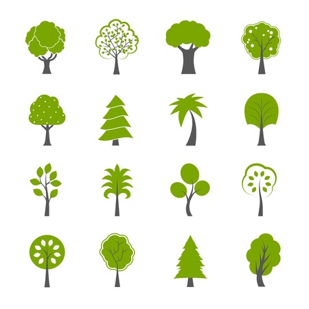 Collection of natural green trees icons set pine fir oak and other trees isolated illustrationのイラスト素材