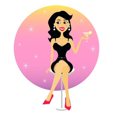 Pretty girl in short black dress and stockings vector illustrationのイラスト素材