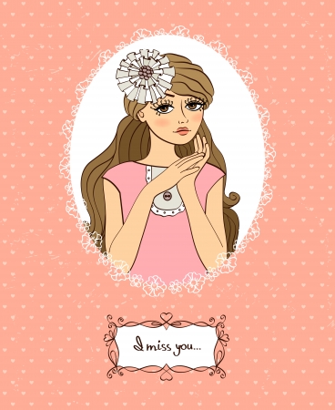 I miss you. Valentines card with cute girl and love message vector illustrationのイラスト素材