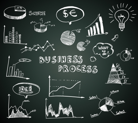 Doodle business diagrams set on blackboard vector illustrationのイラスト素材