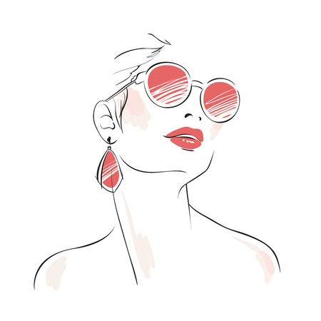 Expressive woman portrait with sunglasses and eardrops isolated vector illustrationのイラスト素材