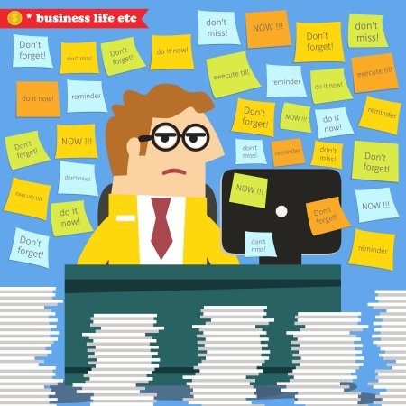 Business life. Hard work in progress, paperwork piles around the desk  vector illustrationのイラスト素材