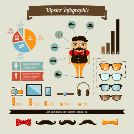 Hipster infographics elements set with geek boy charts and graphs vector illustrationのイラスト素材