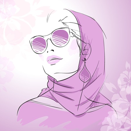 Fashion gorgeous woman portrait wearing purple scarf sunglasses and earrings with floral decor illustrationのイラスト素材