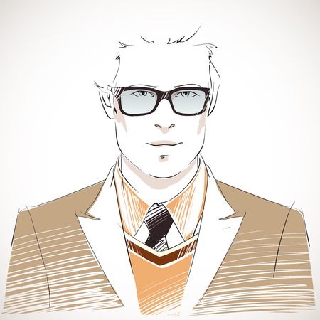 Handsome young businessman portrait wearing glasses, vest, jacket and black tie isolated illustrationのイラスト素材