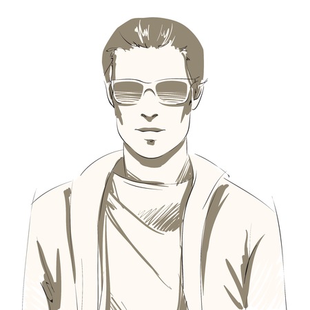 Handsome young man portrait wearing sunglasses and slip-over, casual style isolated illustrationのイラスト素材
