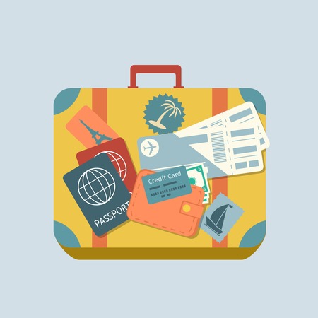 Travel suitcase with stickers passport and plane tickets isolated vector illustrationのイラスト素材