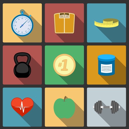 Fitness healthy lifestyle icons set of scales apple and heart rate vector illustrationのイラスト素材
