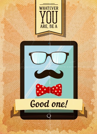 Hipster poster with vintage tablet wearing mustache glasses and bow vector illustrationのイラスト素材