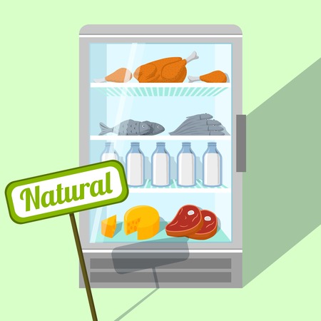 Natural foods of chicken fish meat and dairy products in refrigerator vector illustrationのイラスト素材