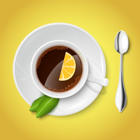 Top view on realistic white cup filled with black tea lemon and mint vector illustrationのイラスト素材