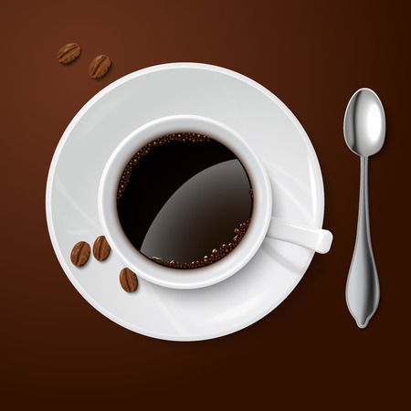 Top view on realistic white cup filled with black classic espresso with coffee beans vector illustrationのイラスト素材