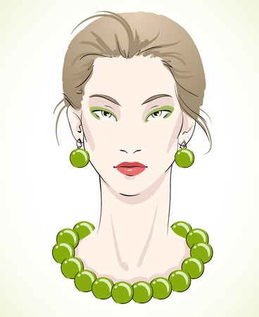 Elegant young model portrait with green beads and earrings isolated vector illustrationのイラスト素材