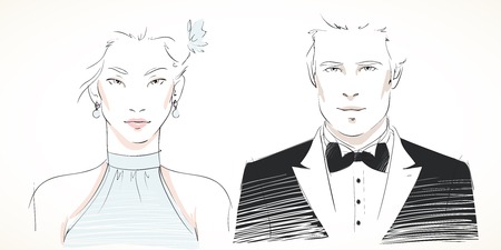 Young fashionable couple portraits of man and woman in evening dresses isolated vector illustrationのイラスト素材