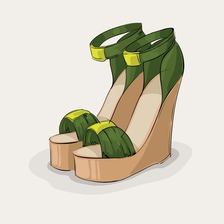 Luxury woman's green sandals with yellow buckles isolated vector illustrationのイラスト素材