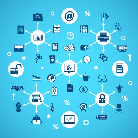 Business office items network concept with stationery supplies vector illustrationのイラスト素材