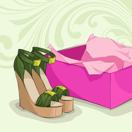Modern woman's green sandals with gold buckles near pink present box vector illustrationのイラスト素材