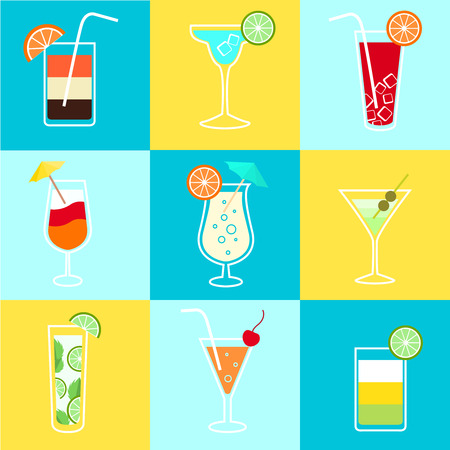 Cocktails party icons set of alcohol drinks martini vodka tequila and brandy isolated vector illustrationのイラスト素材