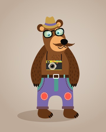 Hipster geek animal teddy bear with glasses, mustache and cameraのイラスト素材