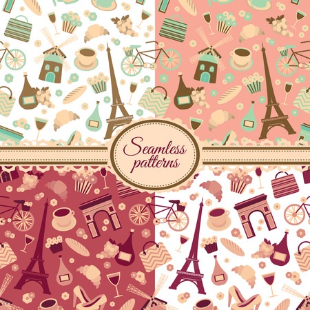 Collection of seamless patterns with Paris landmarks and France symbolsのイラスト素材