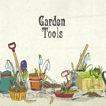Hand drawn gardening tools album cover border or frame for plants flowers farming and agriculture illustrationのイラスト素材