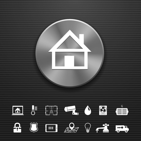 Smart home automation technology metal button template with utilities icons set illustrationのイラスト素材