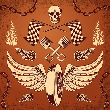 Motorcycle bike vintage design elements of skull wheel piston and flames illustrationのイラスト素材