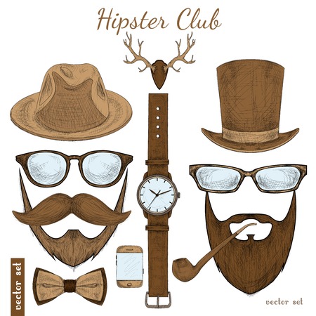 Vintage hipster club accessories set for gentleman of glasses hat tobacco pipe bow mustache and beard isolated sketch illustrationのイラスト素材