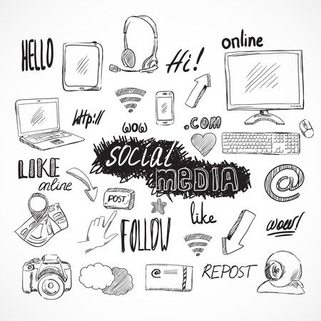 Doodle social media icons set of mobile applications for blog isolated vector illustrationのイラスト素材