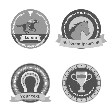 Horseback riding black badges and labels of horse rider equestrian sport dressage and horseshoe isolated vector illustrationのイラスト素材