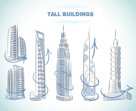 Buildings icons set of modern skyscrapers isolated sketch vector illustrationのイラスト素材