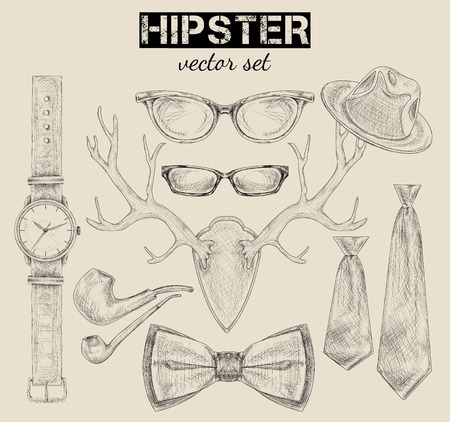 Hand drawn hipster style accessory set hat bow pipe glasses with antlers isolated sketch vector illustrationのイラスト素材