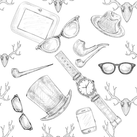 Seamless hand drawn hipster accessories pattern background vector illustrationのイラスト素材