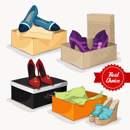 Fashion collection of classic woman's shoes ankle boots sandals and ballet flats with gift boxes isolated illustrationのイラスト素材