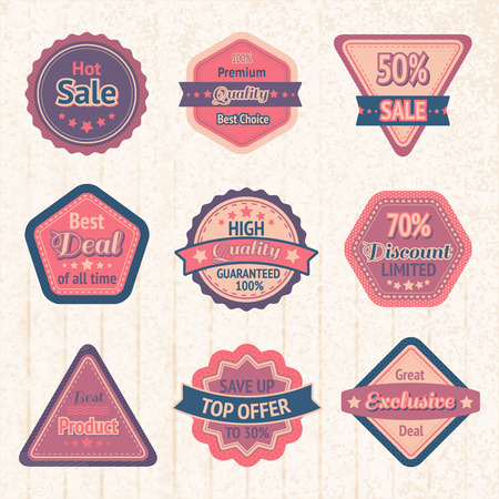 Vintage sale labels and badges set on cardboard for best price high quality and exclusive deal illustrationのイラスト素材